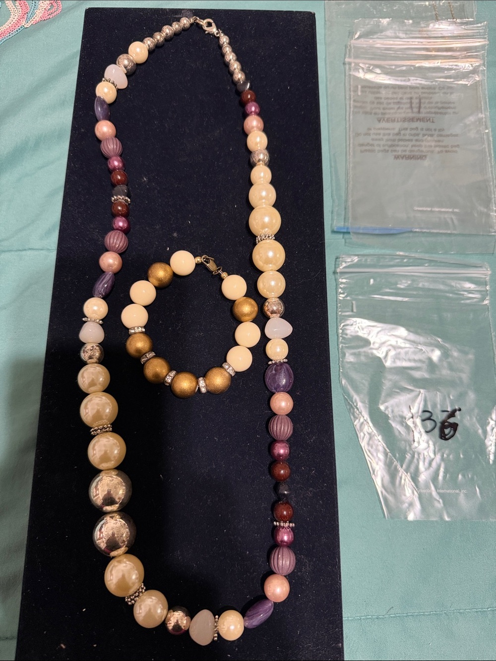 Beaded Purple and Cream Necklace & Bracelet Set